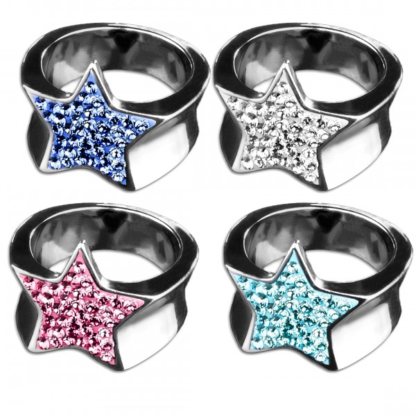 Edelstahl Ring Stern Zirkonia Strass Rockabilly Fingerring Star Sterne RS32