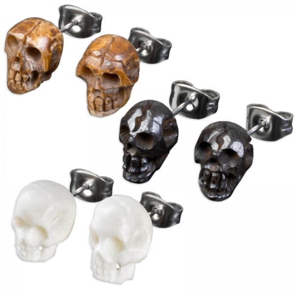 1 Paar Ohr Stecker Totenkopf geschnitzt Bone Horn Skull Edelstahl Ohrringe Z437