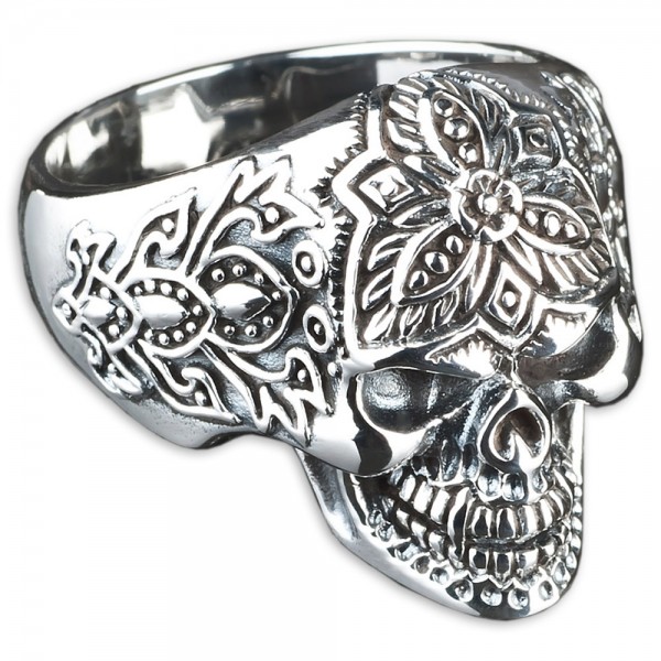 925 Silber Ring Totenkopf Skull Tattoo Tribal Biker Blumen Gothic Rock SR19