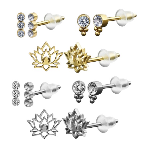 Mini Ohrstecker Kristall Trio Zirkonia rund Lotus aus Edelstahl Ohrringe Z570