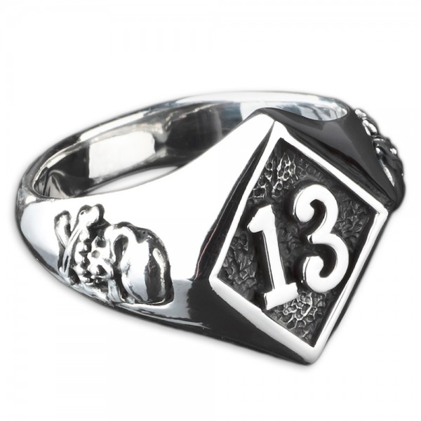 925 Silber Siegel Ring Lucky 13 Dreizehn Totenkopf Skull Rockabilly Biker SR23