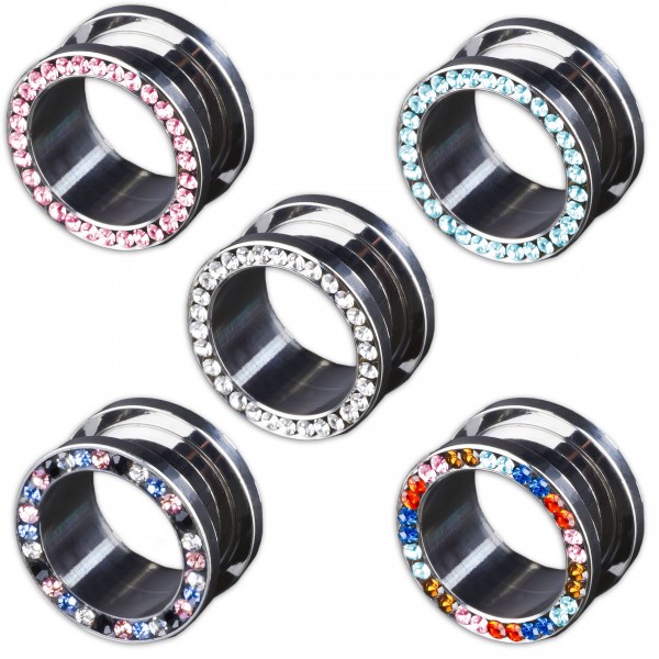 3-22mm Flesh Schraub Tunnel Plug Kristall Zirkonia Strass Stahl Ohr Piercing Z62