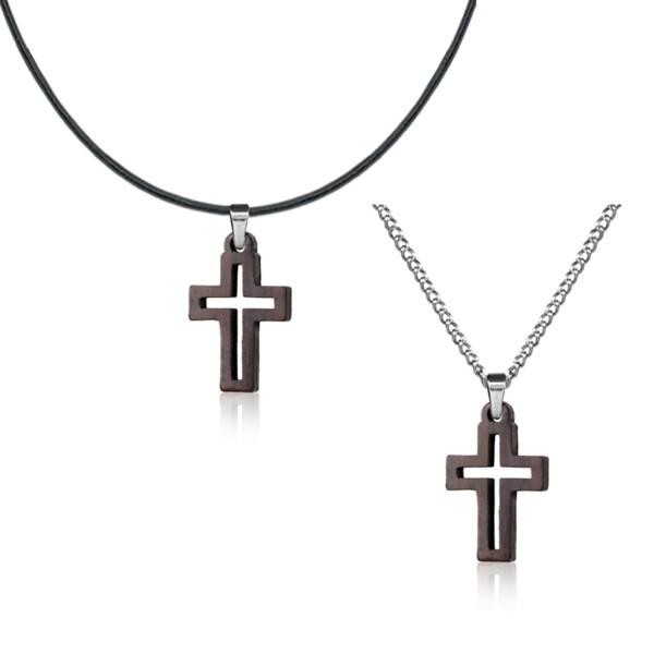 Holz Kreuz Halskette mit Anhänger Edelstahl Leder Kette Länge verstellbar HK47