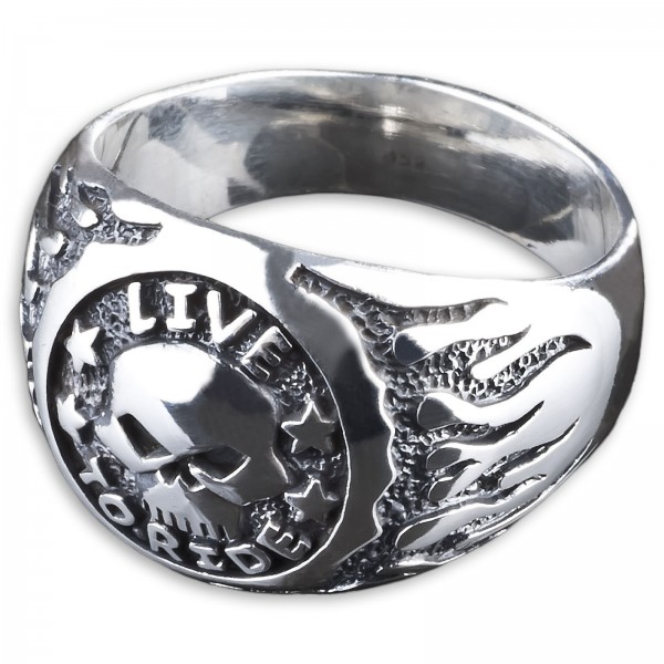 925 Silber Ring LIVE TO RIDE Totenkopf Flammen Siegel Ring Daumenring Biker SR36
