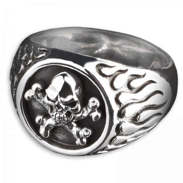 925 Silber Ring Totenkopf Knochen Skull and Bones Flammen Siegel Ring Biker SR31