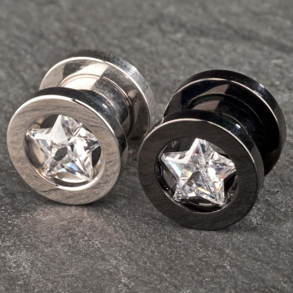 5 -12 mm Flesh Tunnel Plug Stahl Stern Zirkonia Kristall Strass Star Z99