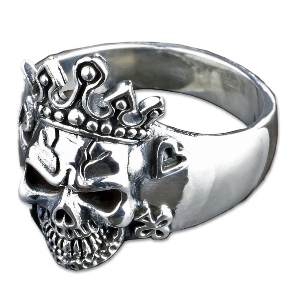 925 Silber Ring Totenkopf Poker König Krone Pik Rockabilly Biker Skull King SR32